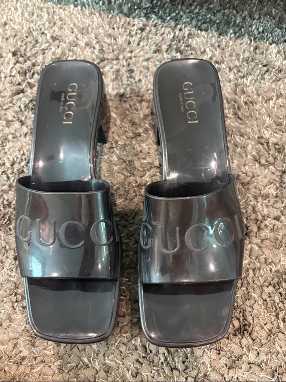 Gucci Black Patent Slide Mules with Embossed Logo - Picture 15 of 15